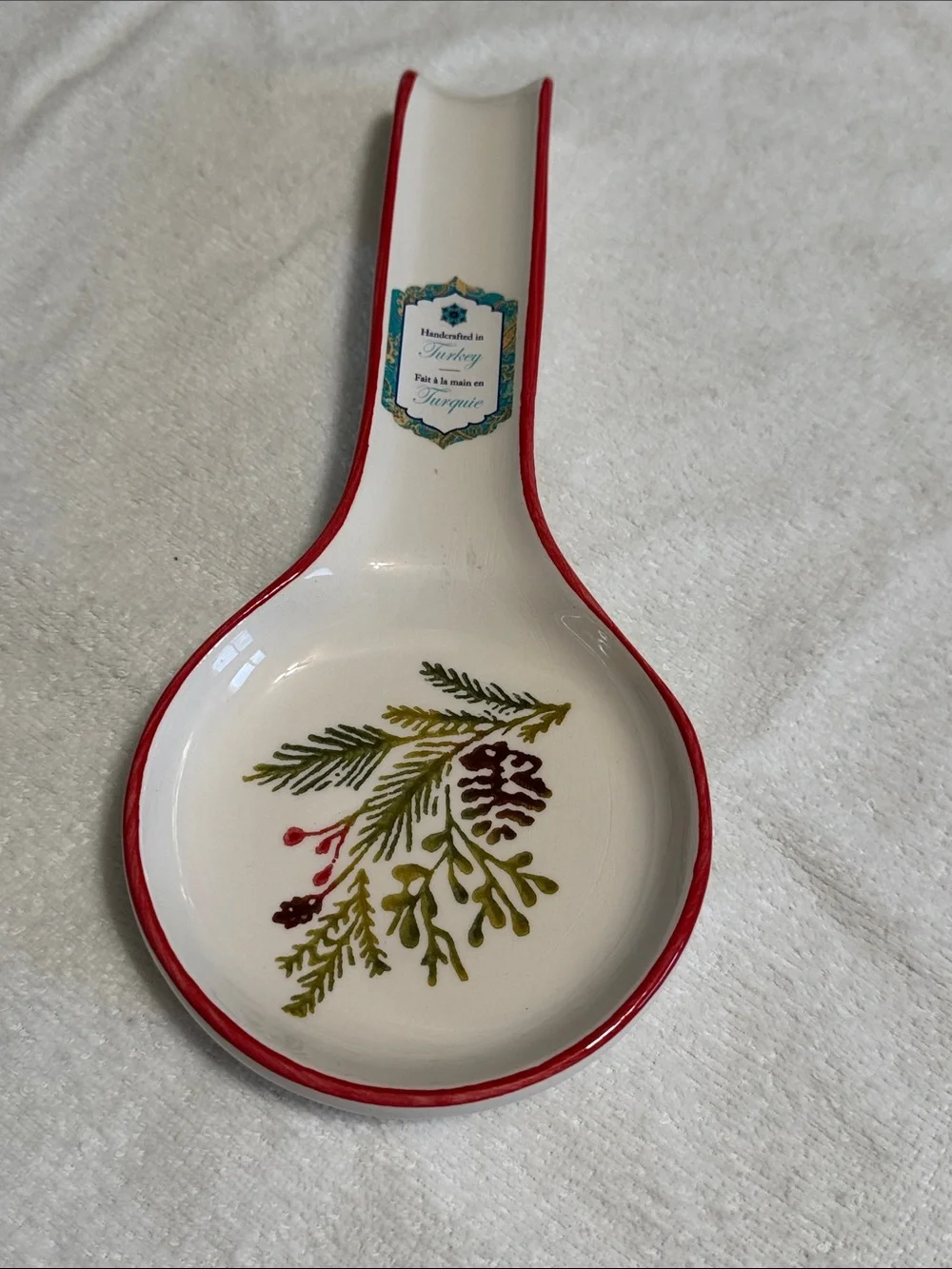 Ceramic Spoon Rest with Pinecone Motif - White and Red PPC38